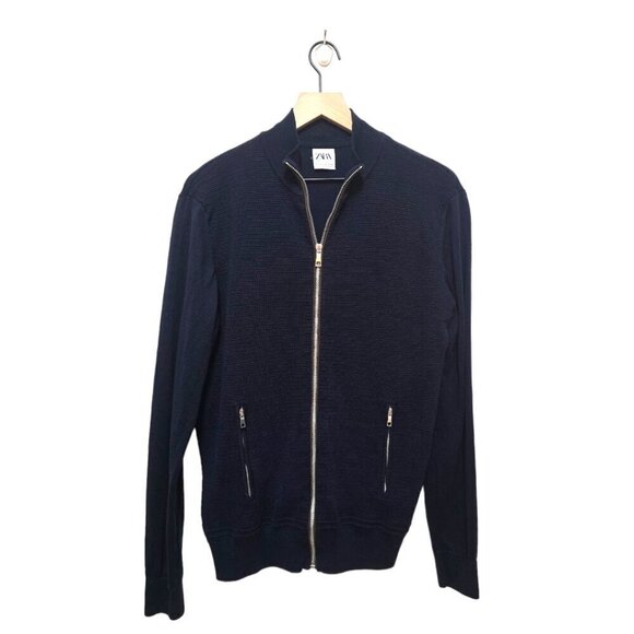 Zara Navy Mock Neck Ribbed Knit Long Sleeve Lightweight Zip Jacket Sz M - Picture 1 of 6